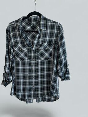 Billy T Shirt Women's Button Front Blouse Gray Plaid Corset Back Size Small